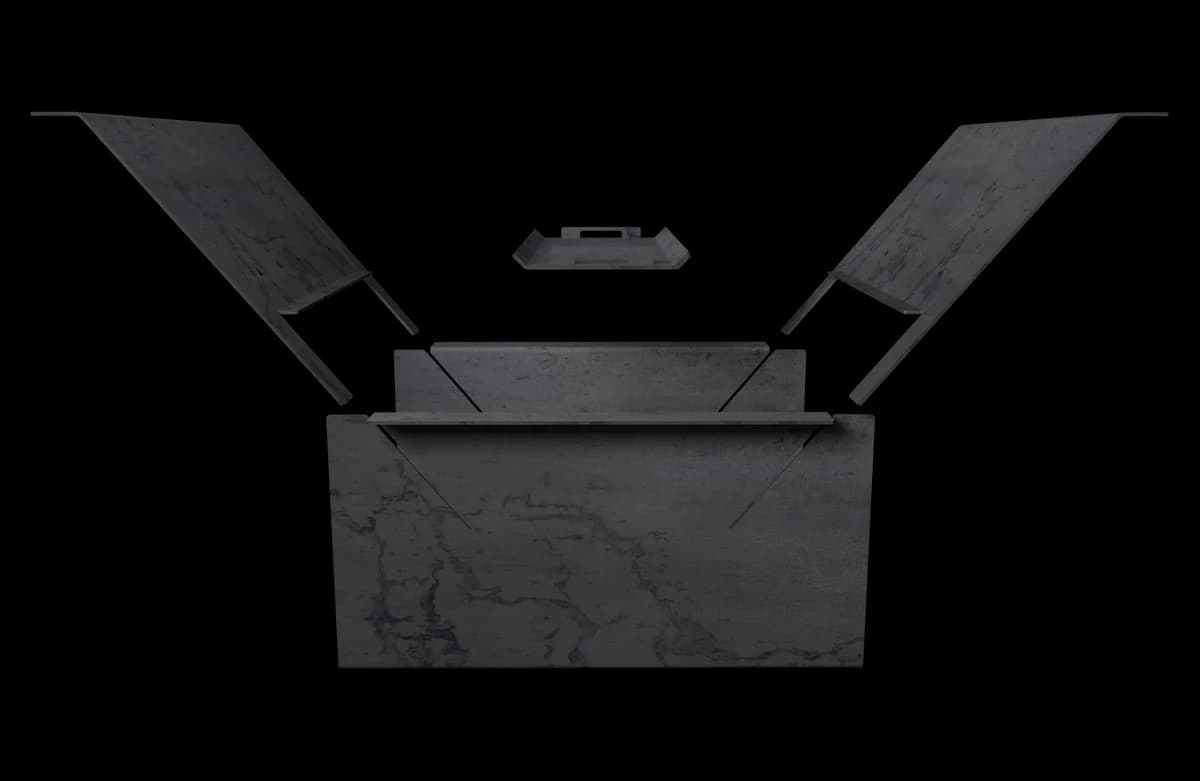 Exploded view of the Bonfire: two slant panels, two side panels, and the bottom plate, floating apart.