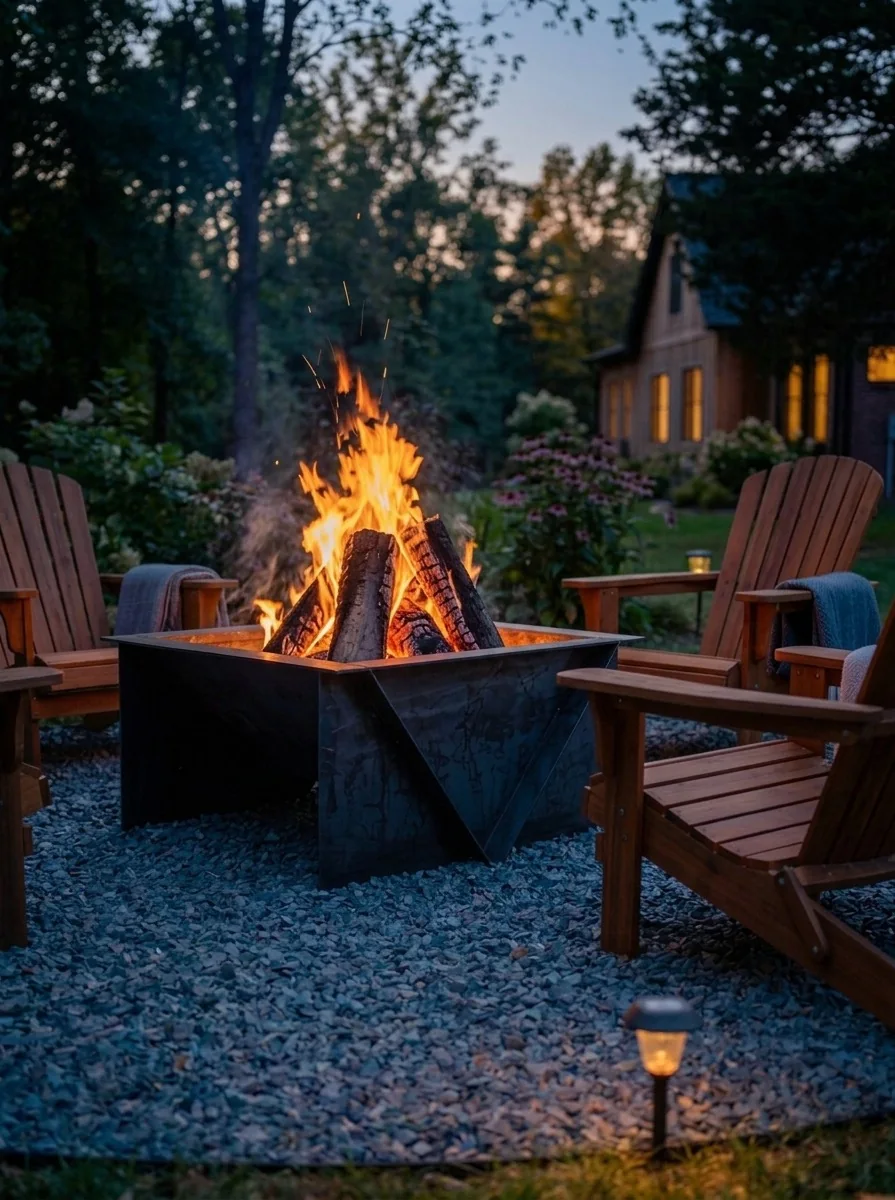 A Bonfire burning at dusk, with Adirondack chairs gathered around the gravel patio.