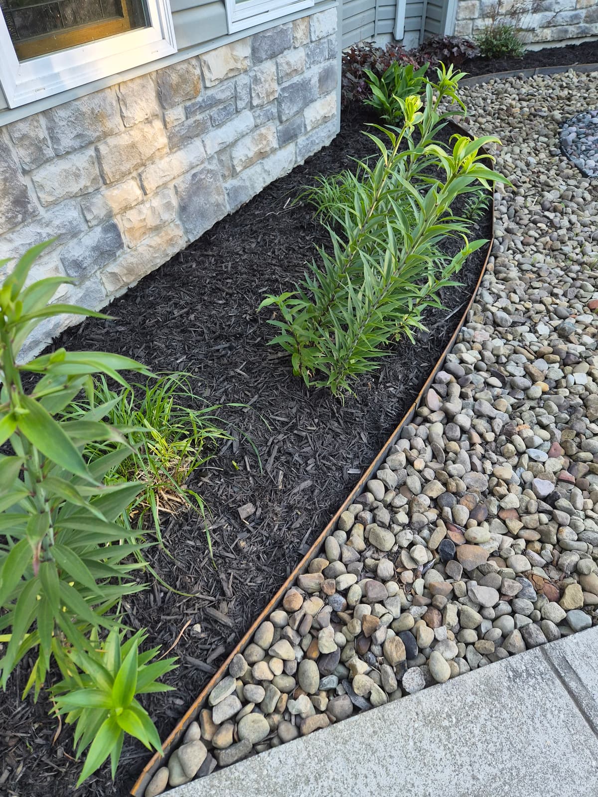 Trevor’s finished Cor-Ten steel border separating a mulched bed from river rock